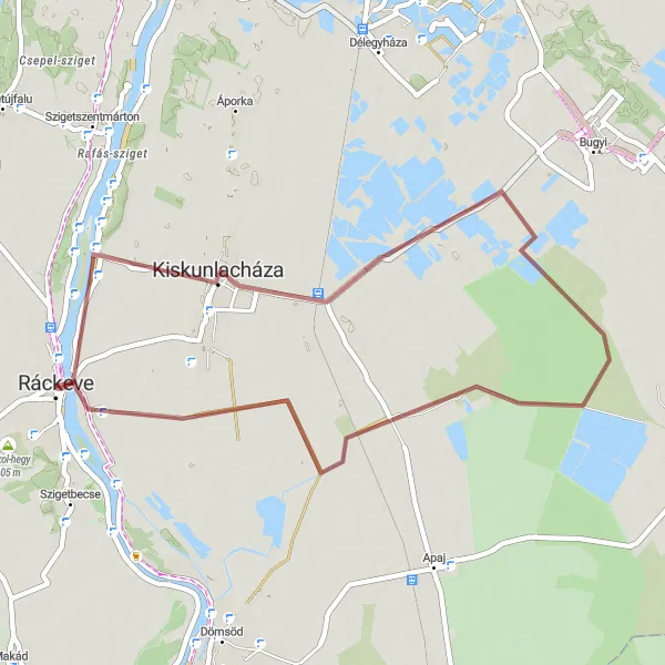 Map miniature of "Gravel Adventure near Ráckeve" cycling inspiration in Pest, Hungary. Generated by Tarmacs.app cycling route planner