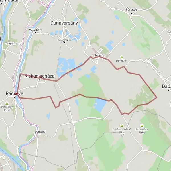 Map miniature of "Ráckeve - Tűztorony-kilátó - Kiskunlacháza - Bugyi - Újtelep - Ráckeve" cycling inspiration in Pest, Hungary. Generated by Tarmacs.app cycling route planner