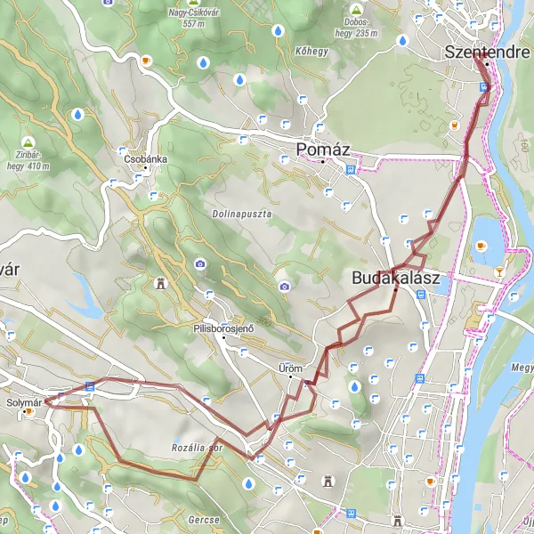 Map miniature of "Szentendre to Szarvas-hegy and Budakalász" cycling inspiration in Pest, Hungary. Generated by Tarmacs.app cycling route planner
