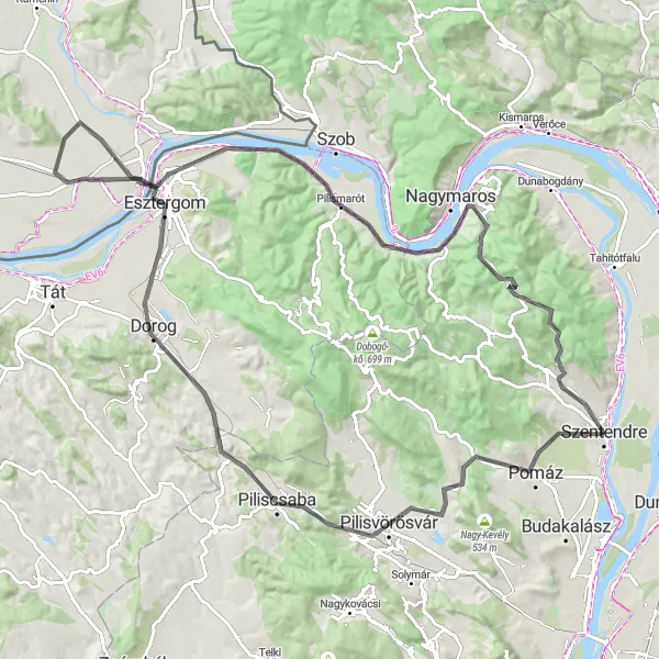 Map miniature of "Szentendre to Esztergom Castle and Visegrád" cycling inspiration in Pest, Hungary. Generated by Tarmacs.app cycling route planner