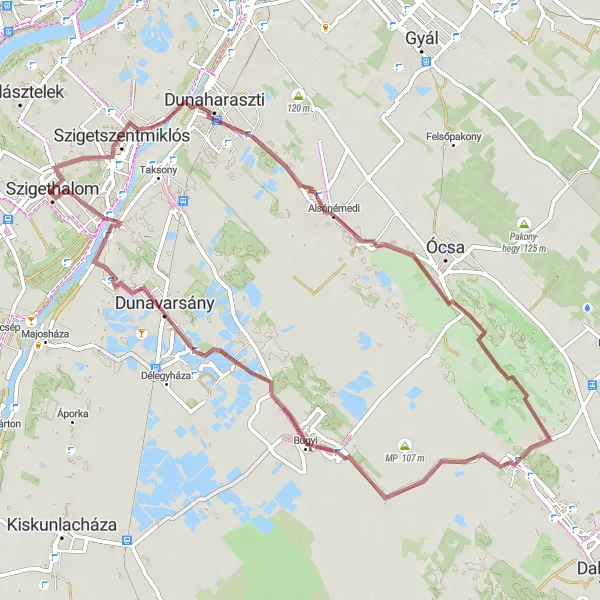 Map miniature of "Szigethalom - Dunaharaszti Circular Gravel Route" cycling inspiration in Pest, Hungary. Generated by Tarmacs.app cycling route planner