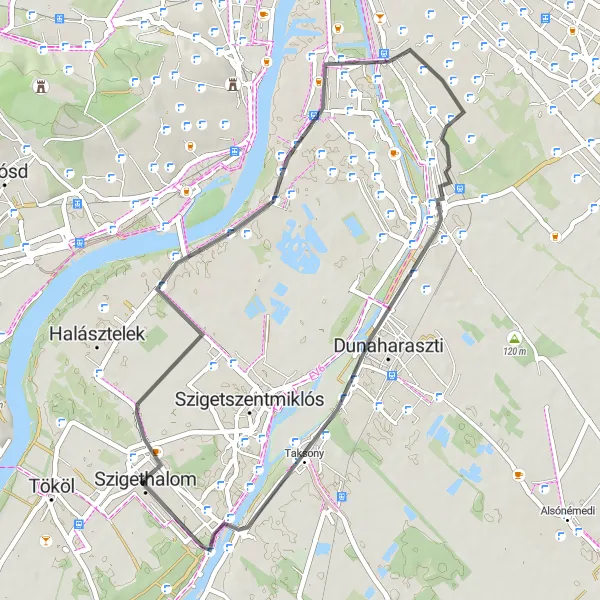 Map miniature of "Road to Dunaharaszti" cycling inspiration in Pest, Hungary. Generated by Tarmacs.app cycling route planner