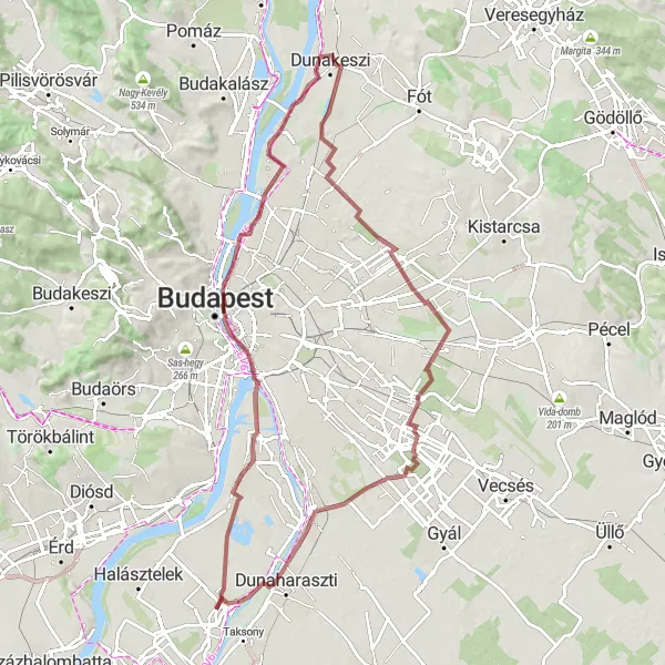 Map miniature of "The Danube Gravel Adventure" cycling inspiration in Pest, Hungary. Generated by Tarmacs.app cycling route planner