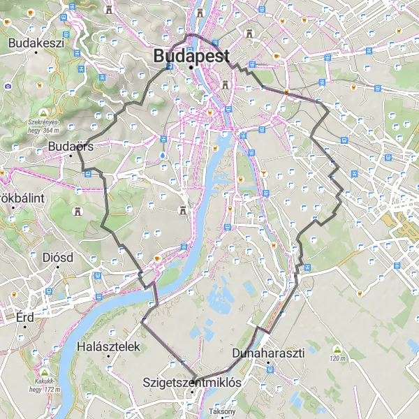 Map miniature of "Hillside Expedition" cycling inspiration in Pest, Hungary. Generated by Tarmacs.app cycling route planner