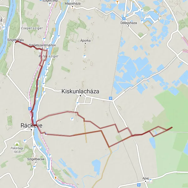 Map miniature of "Ráckeve and Pereg Gravel Adventure" cycling inspiration in Pest, Hungary. Generated by Tarmacs.app cycling route planner