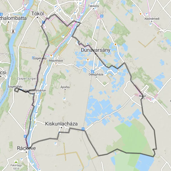 Map miniature of "Szigetújfalu to Szigethalom Loop" cycling inspiration in Pest, Hungary. Generated by Tarmacs.app cycling route planner