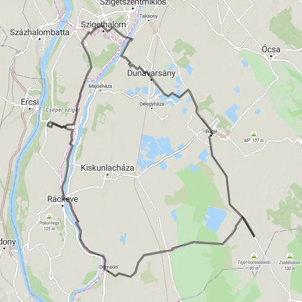 Map miniature of "Szigetcsép and Bugyi Circuit" cycling inspiration in Pest, Hungary. Generated by Tarmacs.app cycling route planner