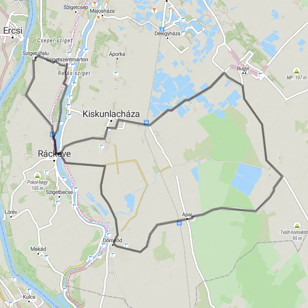 Map miniature of "Bugyi and Apaj Loop" cycling inspiration in Pest, Hungary. Generated by Tarmacs.app cycling route planner