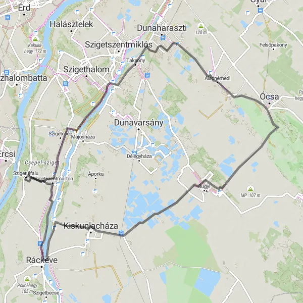 Map miniature of "Szigetújfalu to MiG-15 "Fagot" Monument Loop" cycling inspiration in Pest, Hungary. Generated by Tarmacs.app cycling route planner