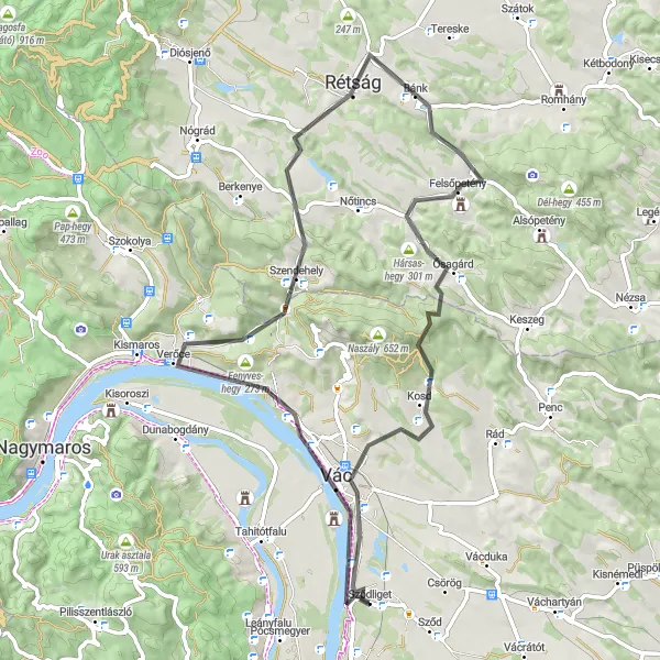 Map miniature of "The Hills and Castles Route" cycling inspiration in Pest, Hungary. Generated by Tarmacs.app cycling route planner