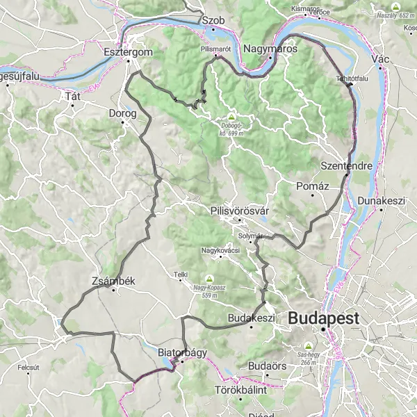 Map miniature of "Pest Countryside Loop" cycling inspiration in Pest, Hungary. Generated by Tarmacs.app cycling route planner