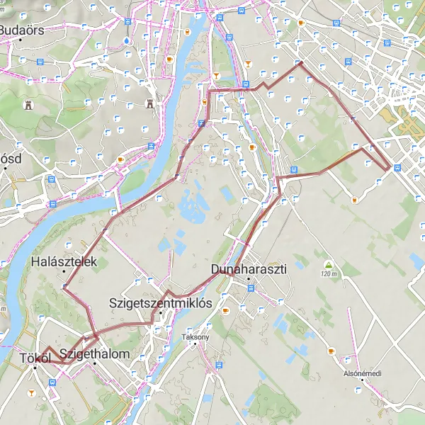 Map miniature of "The Gravel Jam" cycling inspiration in Pest, Hungary. Generated by Tarmacs.app cycling route planner