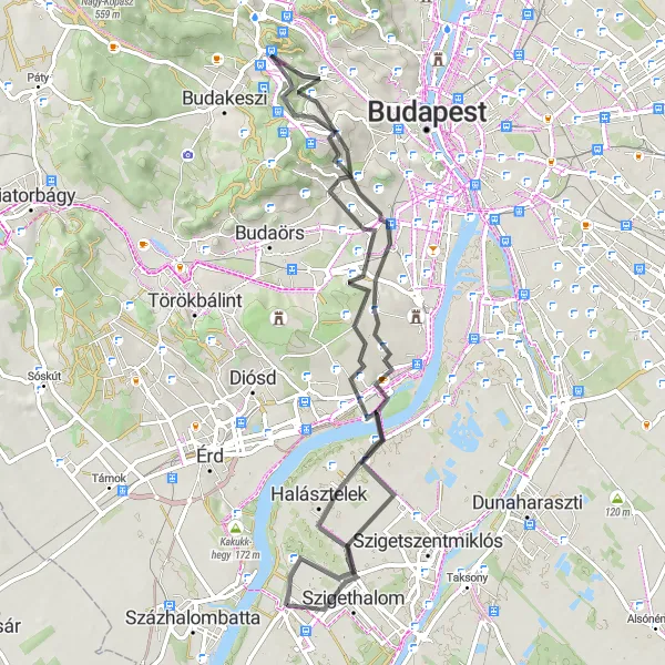 Map miniature of "Mountain Challenge" cycling inspiration in Pest, Hungary. Generated by Tarmacs.app cycling route planner