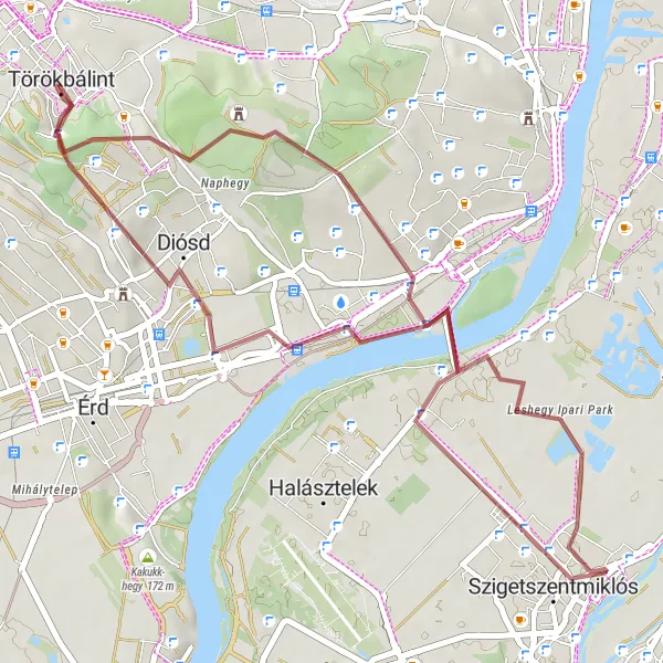 Map miniature of "Szigetszentmiklós - Diósd - Szidónia-hegy" cycling inspiration in Pest, Hungary. Generated by Tarmacs.app cycling route planner