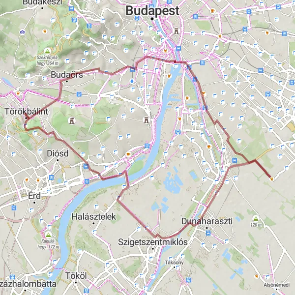 Map miniature of "Budaörs and Nagytétény Gravel Loop" cycling inspiration in Pest, Hungary. Generated by Tarmacs.app cycling route planner