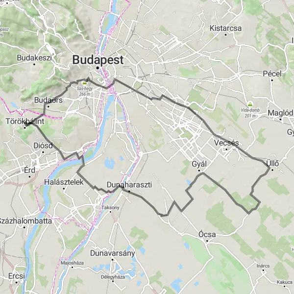 Map miniature of "Sas-hegy and Üllő Adventure" cycling inspiration in Pest, Hungary. Generated by Tarmacs.app cycling route planner