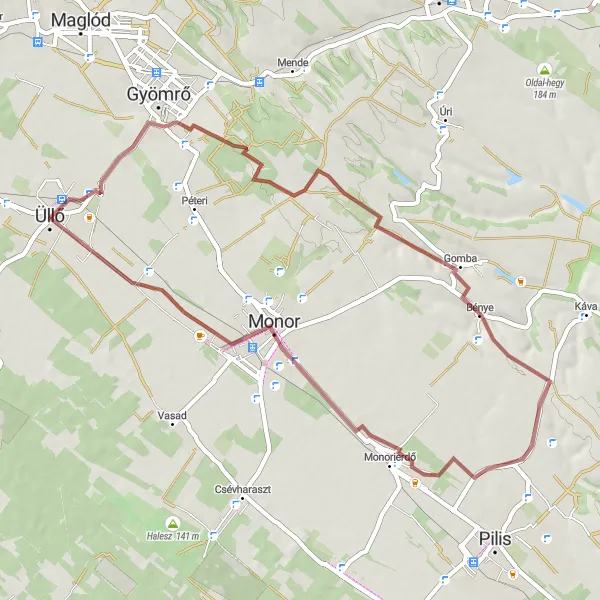Map miniature of "Üllő - Gyömrő - Ó-hegy - Bénye - Monor - Üllő Gravel Route" cycling inspiration in Pest, Hungary. Generated by Tarmacs.app cycling route planner