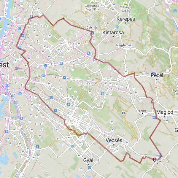 Map miniature of "Üllő - Halmierdő - Balloon Fly - Herminamező - Cinkota - Naplás - Üllő Gravel Route" cycling inspiration in Pest, Hungary. Generated by Tarmacs.app cycling route planner