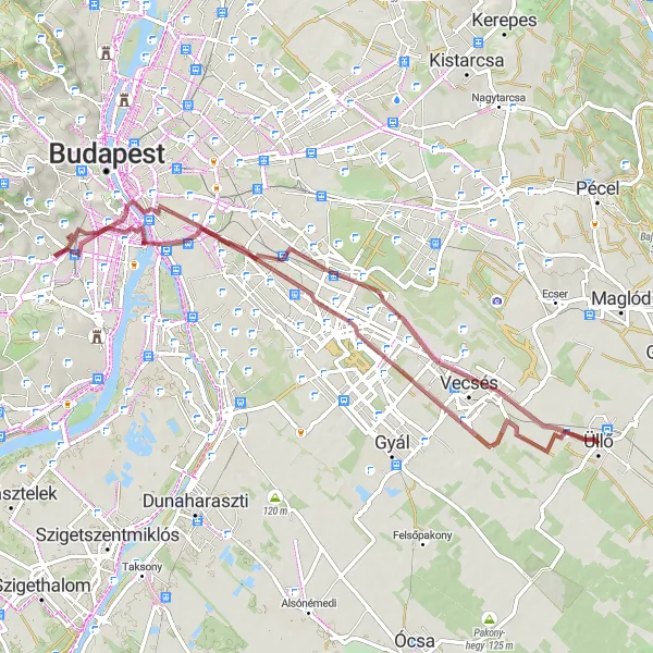 Map miniature of "Üllő - Vecsés - Zikkurat - Lágymányos - Liberty Bridge - Corvin negyed - Gloriett-telep gravel route" cycling inspiration in Pest, Hungary. Generated by Tarmacs.app cycling route planner