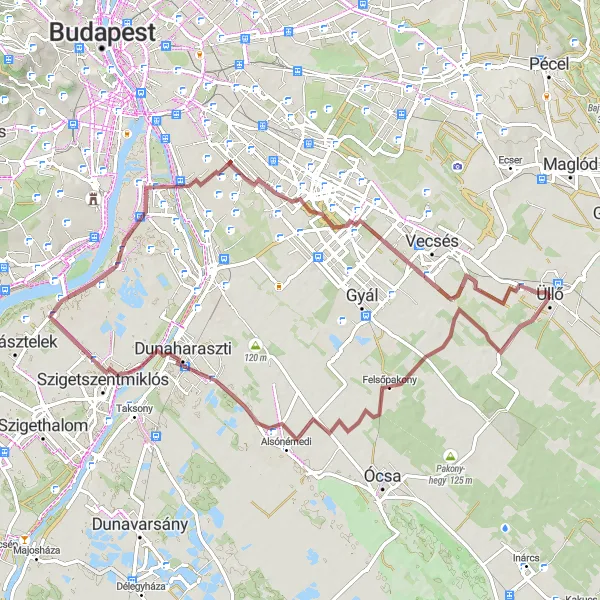 Map miniature of "Scenic Gravel Ride: Üllő to Halmierdő" cycling inspiration in Pest, Hungary. Generated by Tarmacs.app cycling route planner