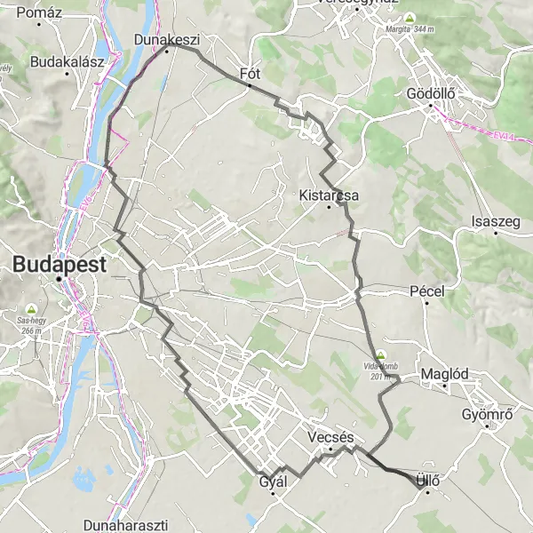 Map miniature of "Hillside Adventure: Gyál to Üllő" cycling inspiration in Pest, Hungary. Generated by Tarmacs.app cycling route planner