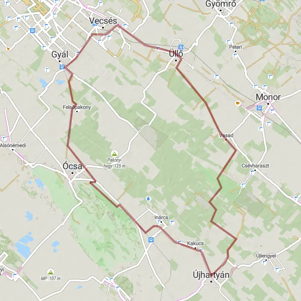 Map miniature of "Újhartyán - Szélmalom-hegy - Ócsa - Vecsés - Üllő - Halesz - Újhartyán" cycling inspiration in Pest, Hungary. Generated by Tarmacs.app cycling route planner