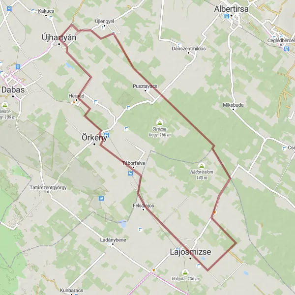 Map miniature of "Újhartyán - Aradi vértanúk emlékműve - Habos-halom - Lajosmizse - Örkény - Kac-hegy - Újhartyán" cycling inspiration in Pest, Hungary. Generated by Tarmacs.app cycling route planner