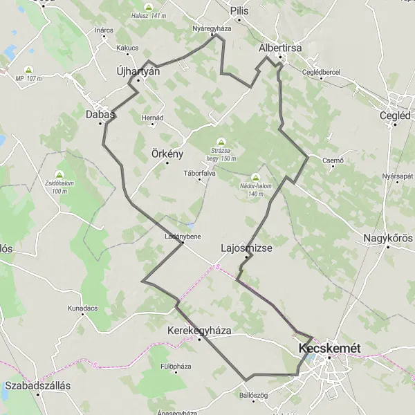 Map miniature of "Újhartyán - Újlengyel - Dánszentmiklós - Mikebuda - Lajosmizse - Golgota - Új Kilátó - Kerekegyháza - Búhegy - Futó-halom - Ladánybene - Tatárszentgyörgy - Újhartyán" cycling inspiration in Pest, Hungary. Generated by Tarmacs.app cycling route planner