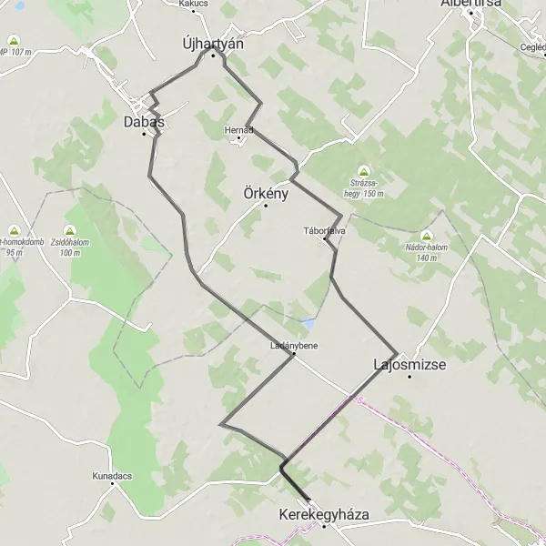 Map miniature of "Újhartyán - Kac-hegy - Felsőlajos - Búhegy - Futó-halom - Ladánybene - Tatárszentgyörgy - Dabas - Újhartyán" cycling inspiration in Pest, Hungary. Generated by Tarmacs.app cycling route planner