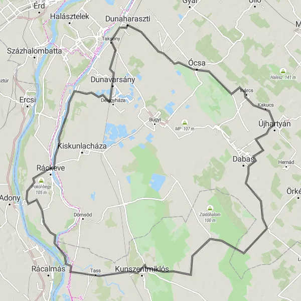 Map miniature of "The Rural Escape" cycling inspiration in Pest, Hungary. Generated by Tarmacs.app cycling route planner