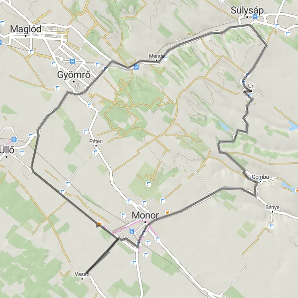 Map miniature of "Monor and Gyömrő Loop" cycling inspiration in Pest, Hungary. Generated by Tarmacs.app cycling route planner