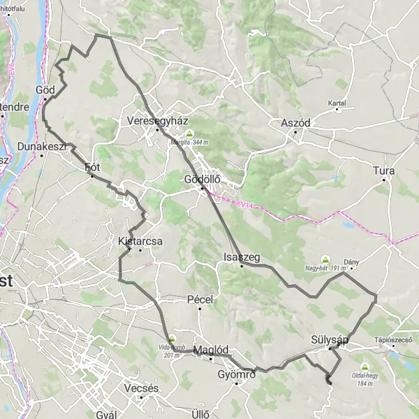 Map miniature of "Maglód - Naplás - Fót - Sződ - Veresegyház - Várdomb - Isaszeg - Kóka - Úri Road Cycling Route" cycling inspiration in Pest, Hungary. Generated by Tarmacs.app cycling route planner