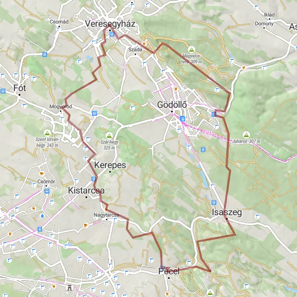 Map miniature of "Scenic Gravel Ride from Veresegyhaz" cycling inspiration in Pest, Hungary. Generated by Tarmacs.app cycling route planner