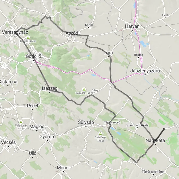 Map miniature of "The Hilly Route" cycling inspiration in Pest, Hungary. Generated by Tarmacs.app cycling route planner