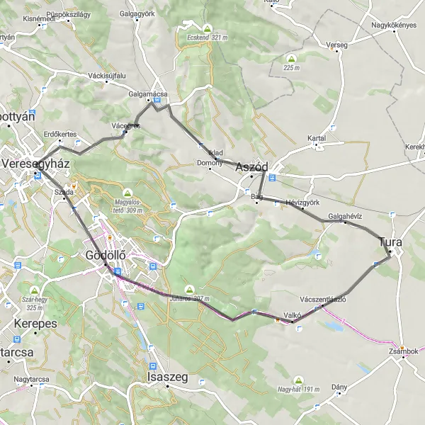 Map miniature of "Explore the Countryside near Veresegyhaz" cycling inspiration in Pest, Hungary. Generated by Tarmacs.app cycling route planner