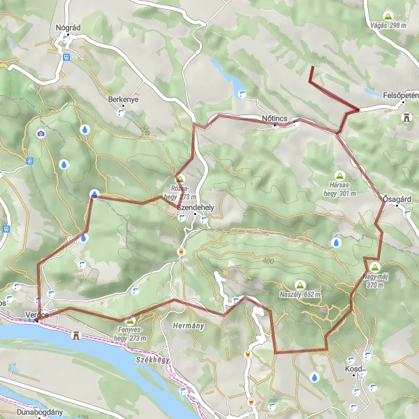 Map miniature of "The Hills of Verőce" cycling inspiration in Pest, Hungary. Generated by Tarmacs.app cycling route planner