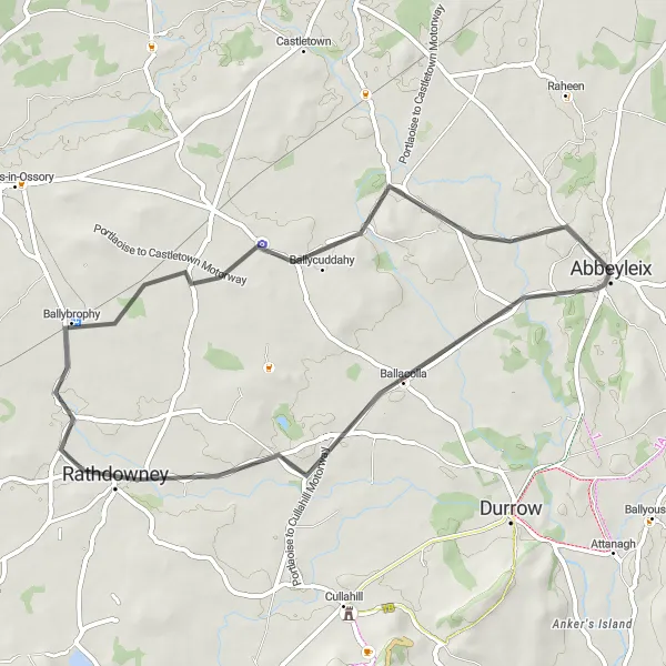 Map miniature of "Rathdowney Loop" cycling inspiration in Eastern and Midland, Ireland. Generated by Tarmacs.app cycling route planner