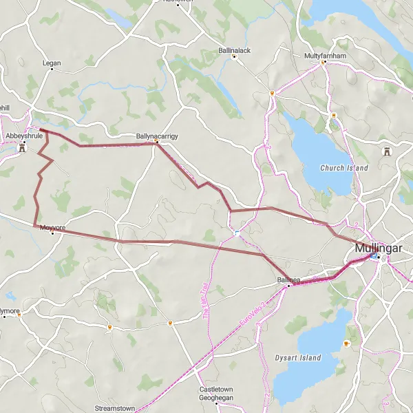 Map miniature of "Abbeyshrule Gravel Loop" cycling inspiration in Eastern and Midland, Ireland. Generated by Tarmacs.app cycling route planner