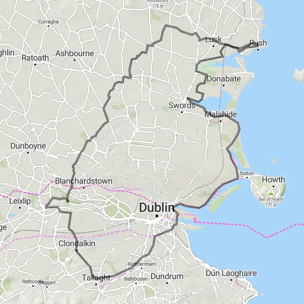 Map miniature of "Rush to Lusk Road Adventure" cycling inspiration in Eastern and Midland, Ireland. Generated by Tarmacs.app cycling route planner