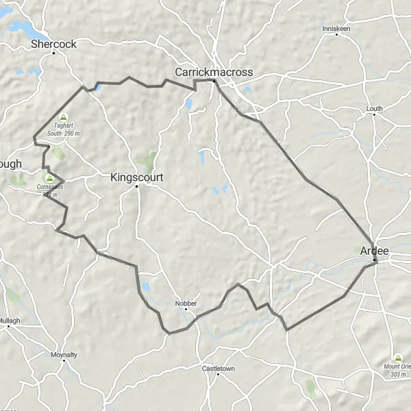 Map miniature of "Ardee to Carrickmacross Loop" cycling inspiration in Eastern and Midland, Ireland. Generated by Tarmacs.app cycling route planner