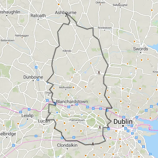 Map miniature of "Ashbourne, Kilmainham Gaol, and Lucan Loop" cycling inspiration in Eastern and Midland, Ireland. Generated by Tarmacs.app cycling route planner