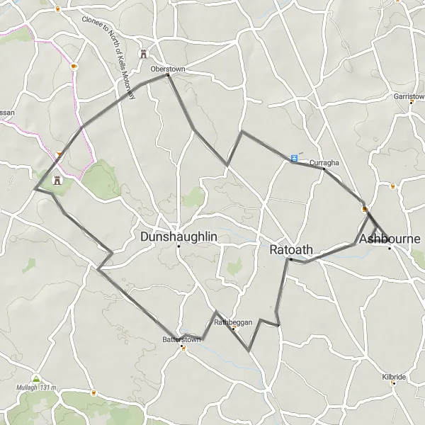 Map miniature of "Ashbourne, Ratoath, and Dunsany Castle Loop" cycling inspiration in Eastern and Midland, Ireland. Generated by Tarmacs.app cycling route planner