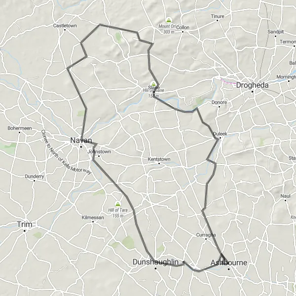 Map miniature of "Ashbourne-Ratoath-Slane-Duleek-Ashbourne" cycling inspiration in Eastern and Midland, Ireland. Generated by Tarmacs.app cycling route planner