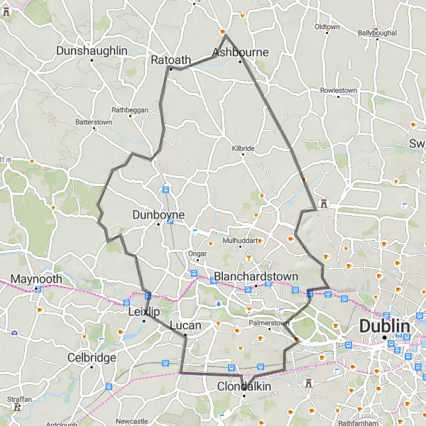 Map miniature of "Ashbourne-Clondalkin-Lucan-Ratoath-Ashbourne" cycling inspiration in Eastern and Midland, Ireland. Generated by Tarmacs.app cycling route planner