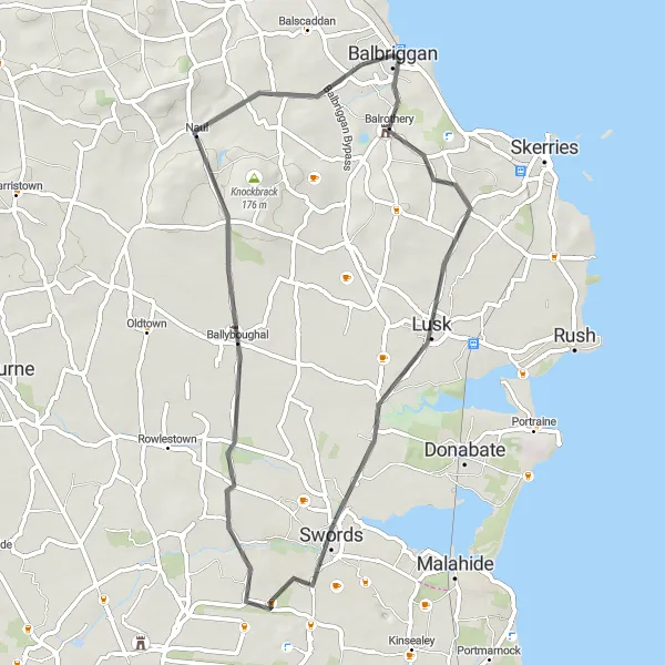 Map miniature of "Balrothery to Ballyboughal Loop" cycling inspiration in Eastern and Midland, Ireland. Generated by Tarmacs.app cycling route planner