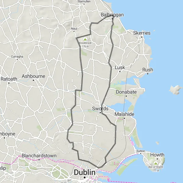 Map miniature of "Coastal Sceneries and Hidden Gems" cycling inspiration in Eastern and Midland, Ireland. Generated by Tarmacs.app cycling route planner