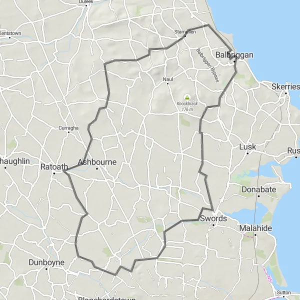 Map miniature of "Swords to Stamullen Adventure" cycling inspiration in Eastern and Midland, Ireland. Generated by Tarmacs.app cycling route planner