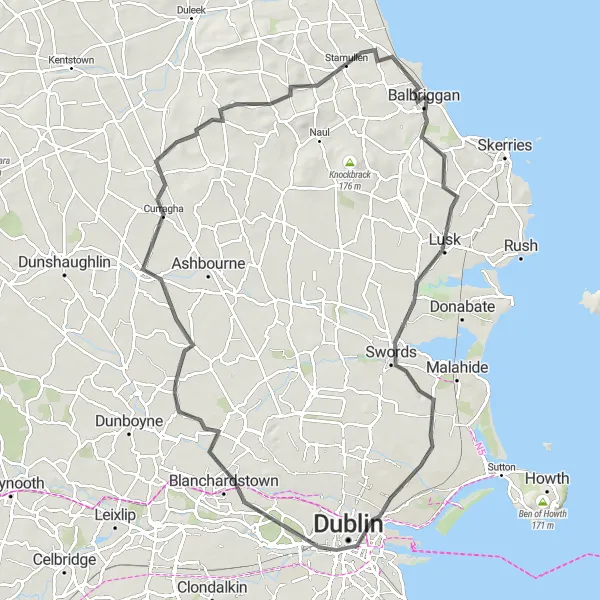 Map miniature of "Lusk to Stamullen Challenge" cycling inspiration in Eastern and Midland, Ireland. Generated by Tarmacs.app cycling route planner