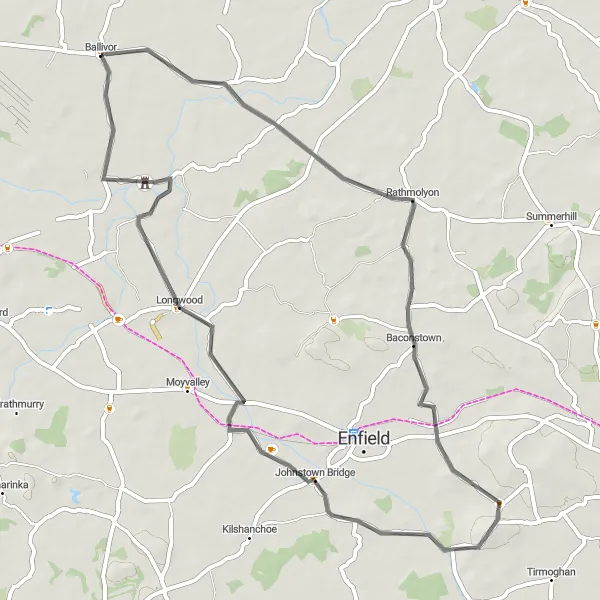 Map miniature of "Ballivor to Johnstown Bridge Loop" cycling inspiration in Eastern and Midland, Ireland. Generated by Tarmacs.app cycling route planner