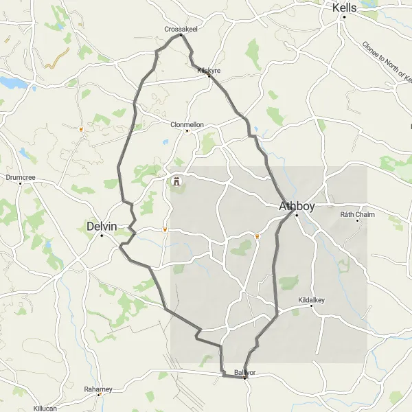 Map miniature of "Crossakeel Loop" cycling inspiration in Eastern and Midland, Ireland. Generated by Tarmacs.app cycling route planner